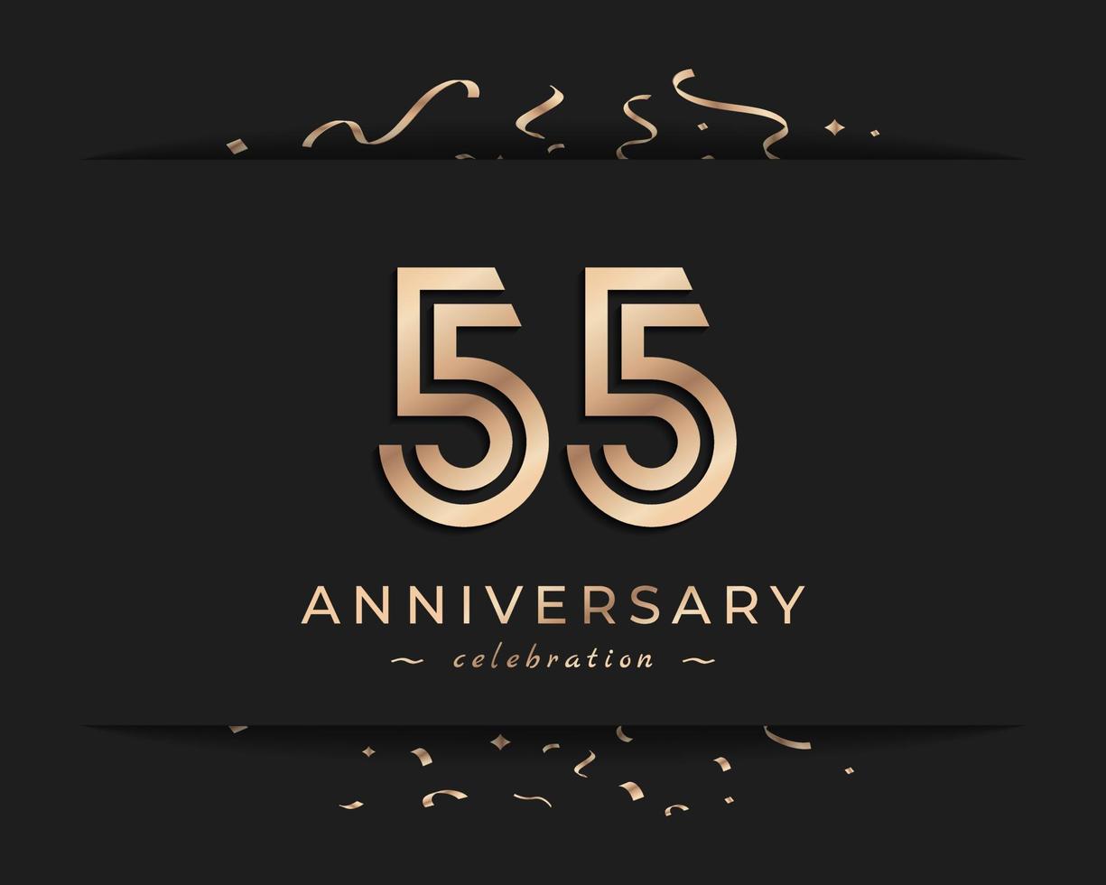 Design in stile logotipo di celebrazione dell'anniversario di 55 anni. il saluto di buon anniversario celebra l'evento con linea multipla dorata e coriandoli isolati su sfondo scuro illustrazione di design vettore