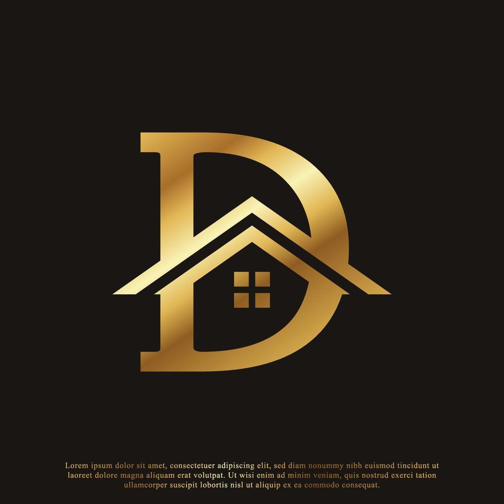 lettera iniziale d home house logo dorato design. concetto di logo immobiliare. illustrazione vettoriale
