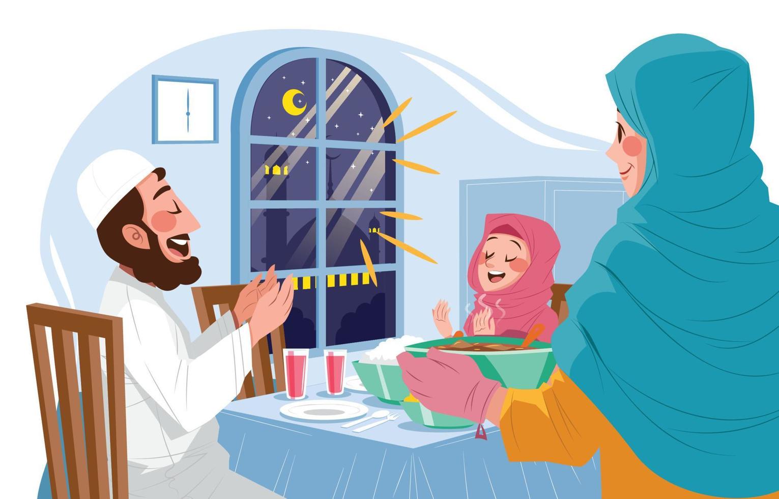 famiglia musulmana che ha il concetto di cena iftar vettore