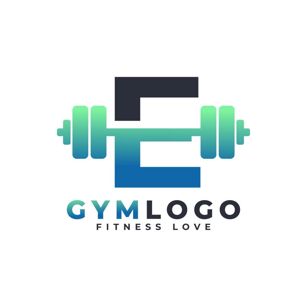 lettera e logo con bilanciere. logo palestra fitness. design del logo vettoriale di sollevamento per palestra e fitness. modello di logo della lettera dell'alfabeto