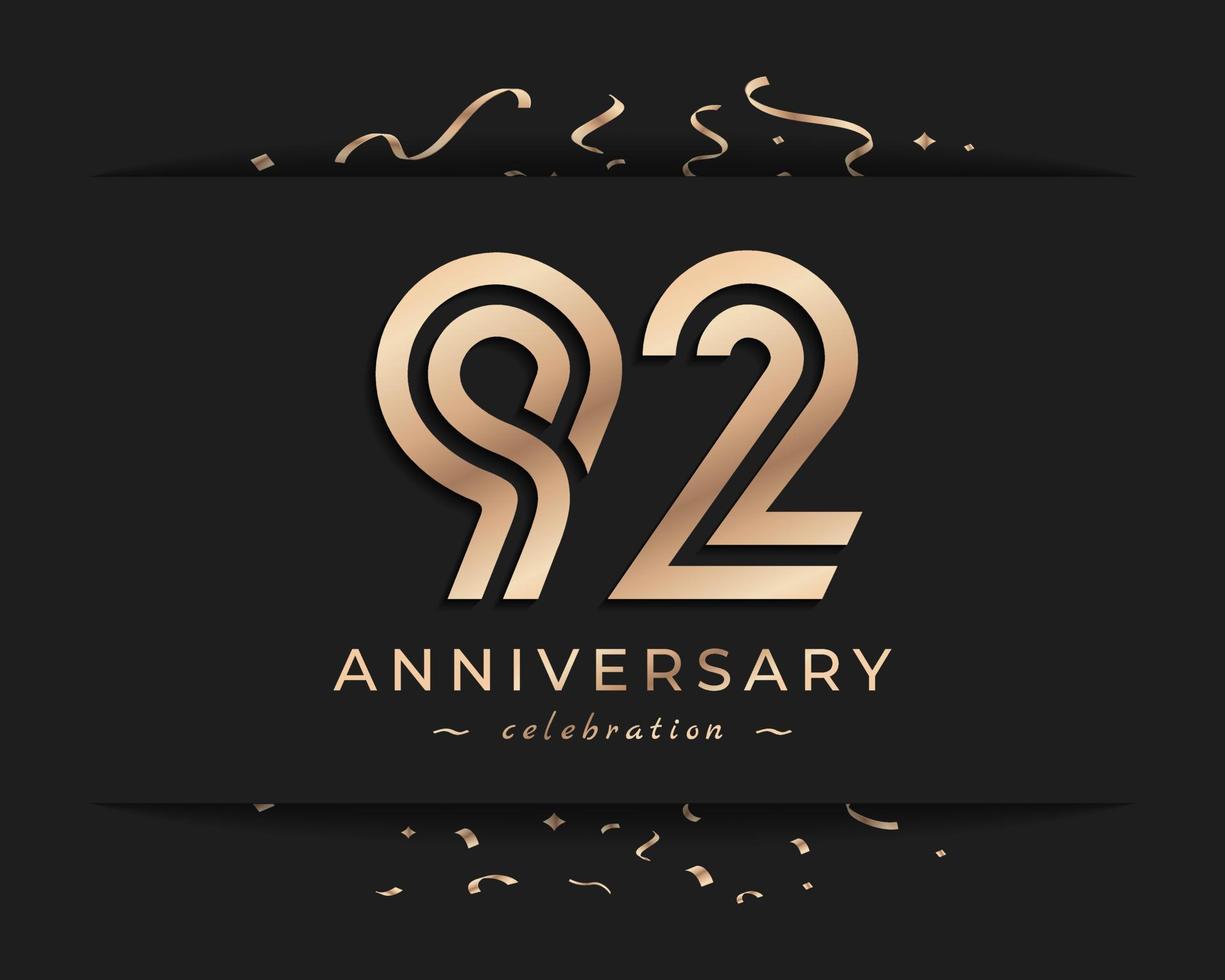 Design in stile logotipo di celebrazione dell'anniversario di 92 anni. il saluto di buon anniversario celebra l'evento con linea multipla dorata e coriandoli isolati su sfondo scuro illustrazione di design vettore