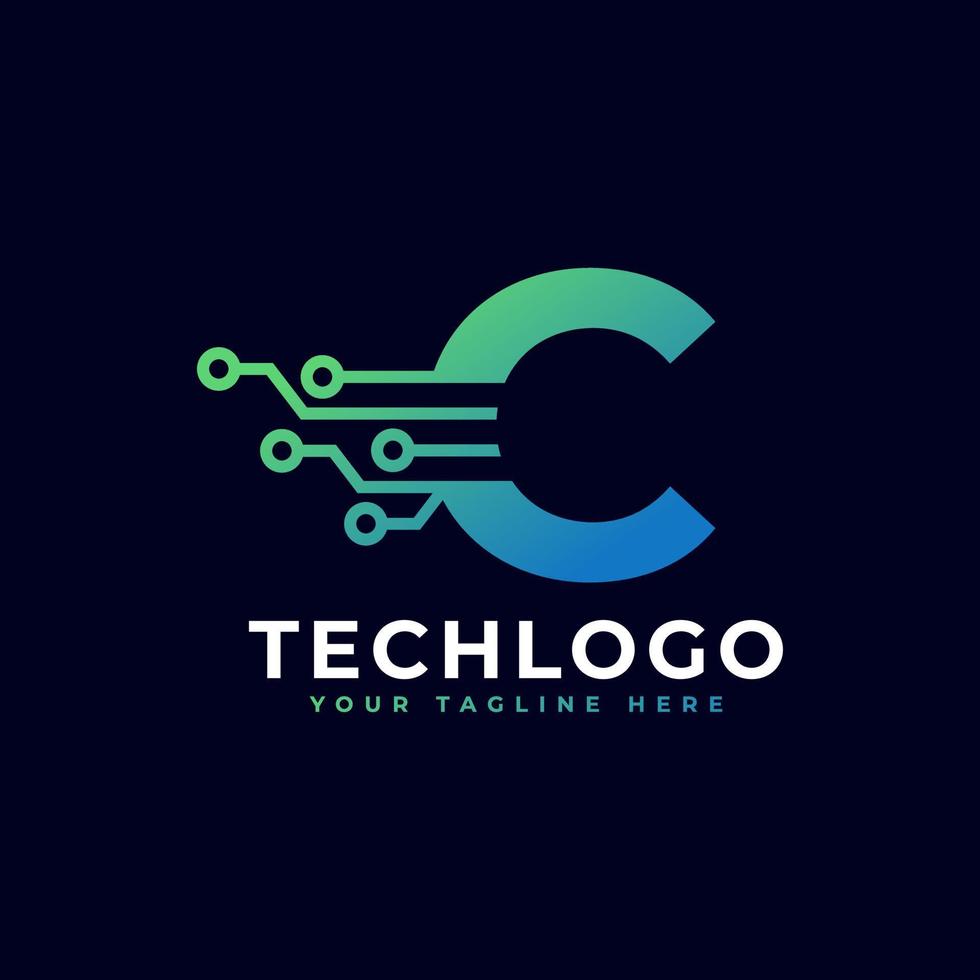 logo della lettera c della tecnologia. modello di logo vettoriale futuristico con sfumatura di colore verde e blu. forma geometrica. utilizzabile per loghi aziendali e tecnologici.