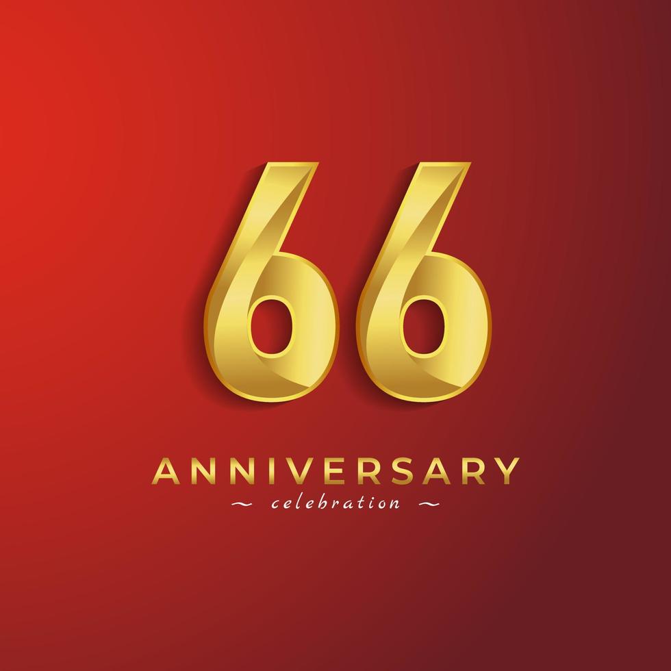 Celebrazione dell'anniversario di 66 anni con colore dorato lucido per eventi celebrativi, matrimoni, biglietti di auguri e biglietti d'invito isolati su sfondo rosso vettore