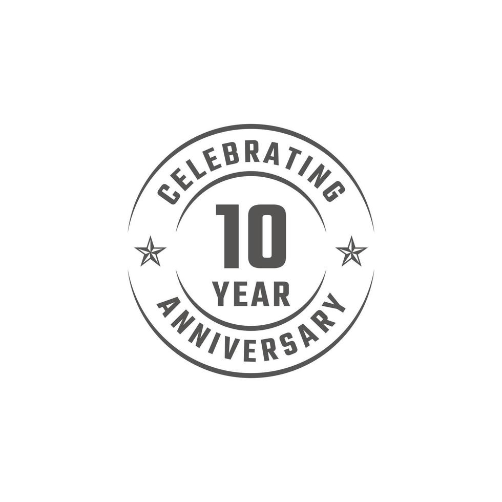 Distintivo dell'emblema della celebrazione dell'anniversario di 10 anni con colore grigio per eventi celebrativi, matrimoni, biglietti di auguri e inviti isolati su sfondo bianco vettore