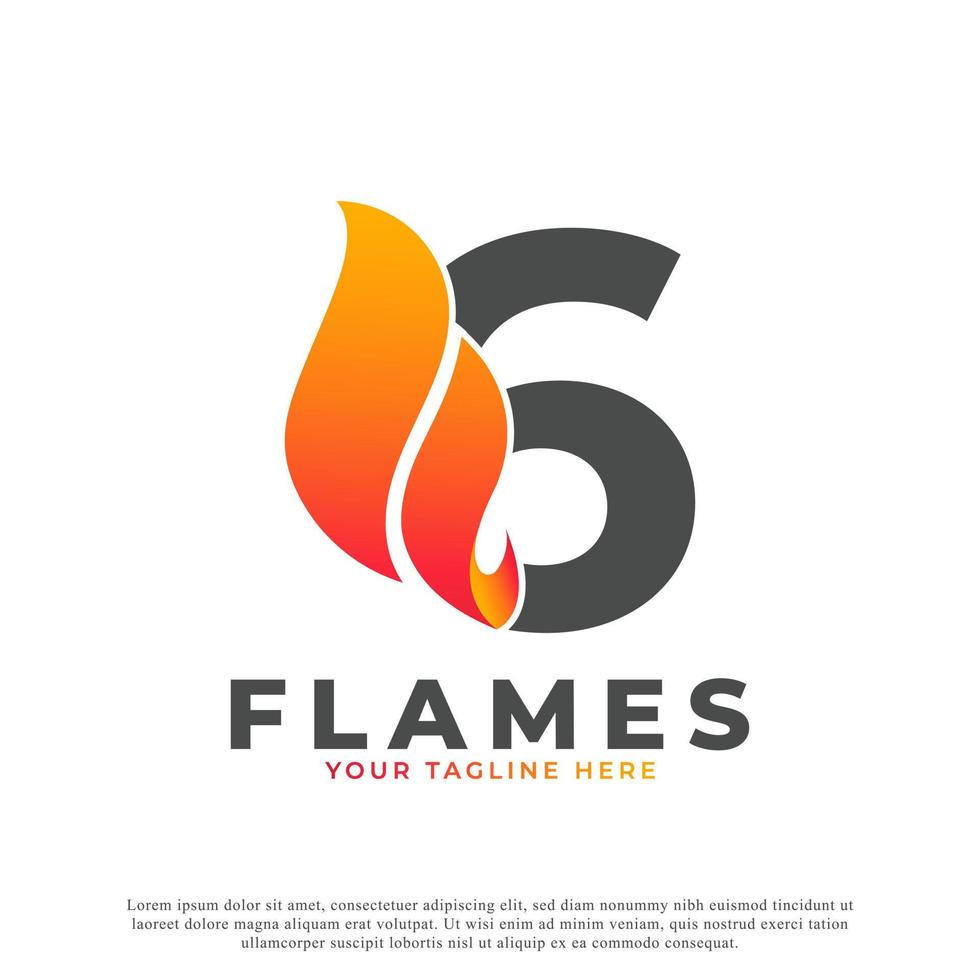 fiamma con disegno del logo numero 6. modello di logo vettoriale di fuoco