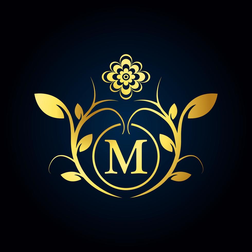 elegante logo di lusso m. logo alfabeto floreale dorato con foglie di fiori. perfetto per moda, gioielli, salone di bellezza, cosmetici, spa, boutique, matrimoni, francobolli per lettere, logo di hotel e ristoranti. vettore