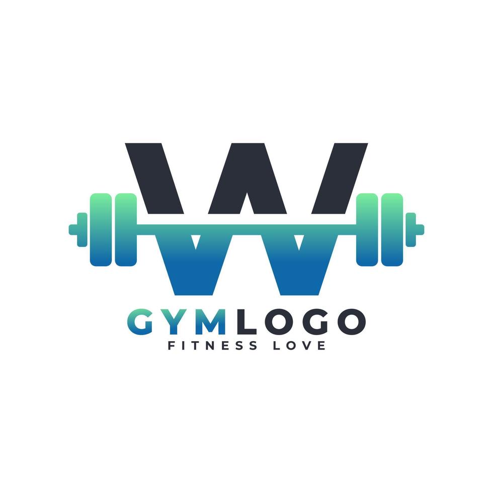 logo della lettera w con bilanciere. logo palestra fitness. design del logo vettoriale di sollevamento per palestra e fitness. modello di logo della lettera dell'alfabeto