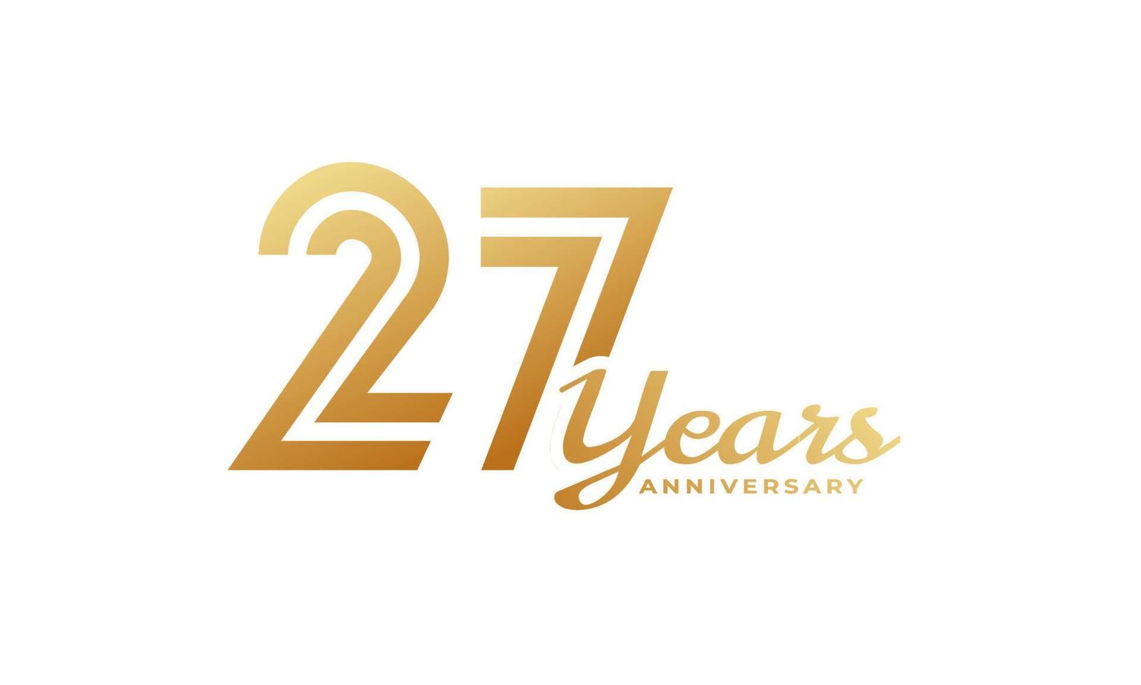 Celebrazione dell'anniversario di 27 anni con colore dorato della grafia per eventi celebrativi, matrimoni, biglietti di auguri e inviti isolati su sfondo bianco vettore
