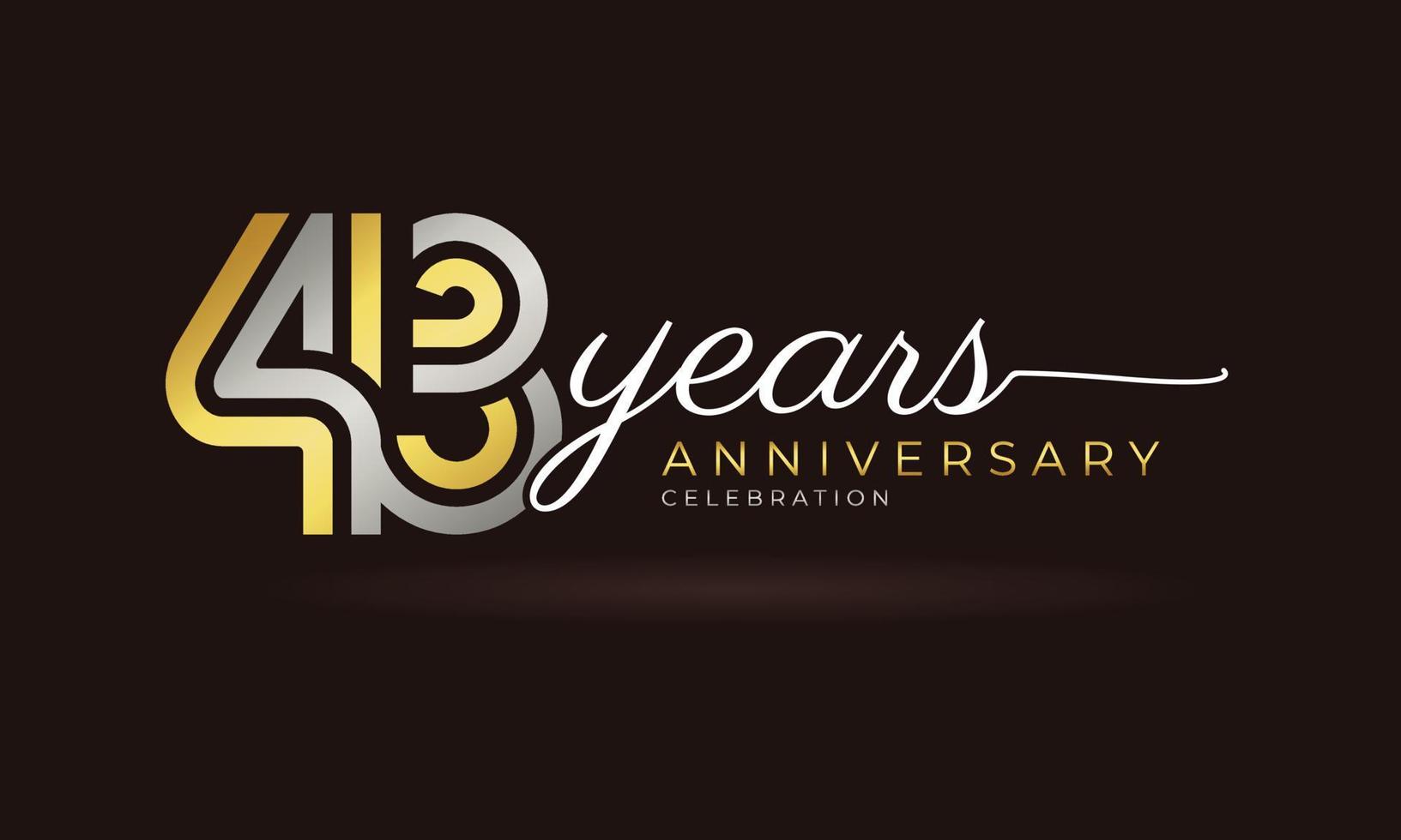 Logotipo di celebrazione dell'anniversario di 43 anni con linea multipla collegata colore argento e dorato per eventi celebrativi, matrimoni, biglietti di auguri e inviti isolati su sfondo scuro vettore