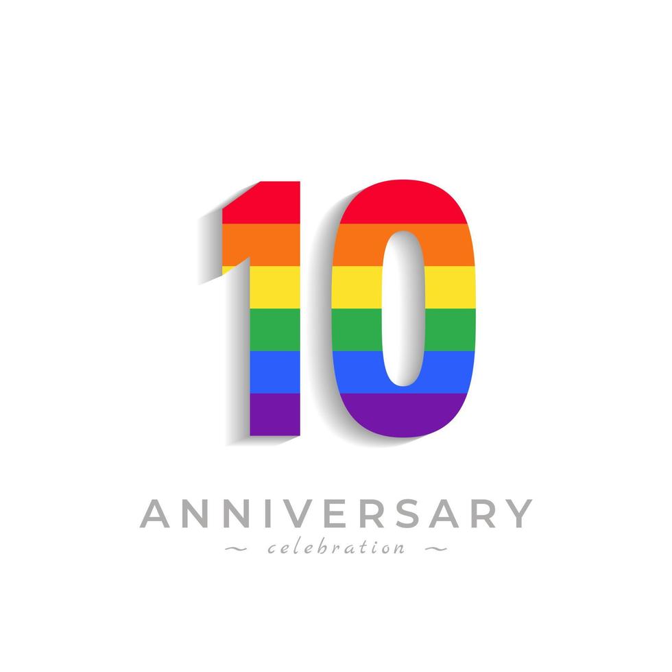 Celebrazione dell'anniversario di 10 anni con colore arcobaleno per eventi celebrativi, matrimoni, biglietti di auguri e inviti isolati su sfondo bianco vettore