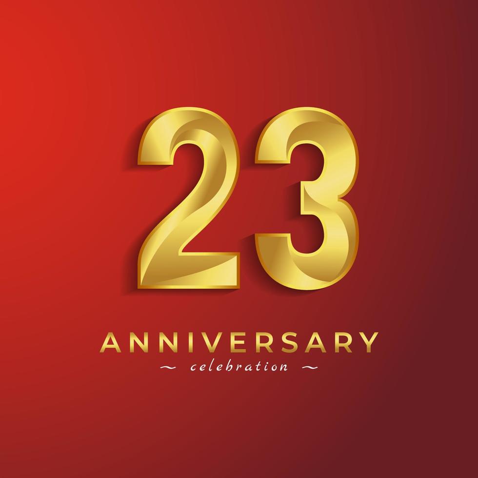 Celebrazione dell'anniversario di 23 anni con colore dorato lucido per eventi celebrativi, matrimoni, biglietti di auguri e biglietti d'invito isolati su sfondo rosso vettore