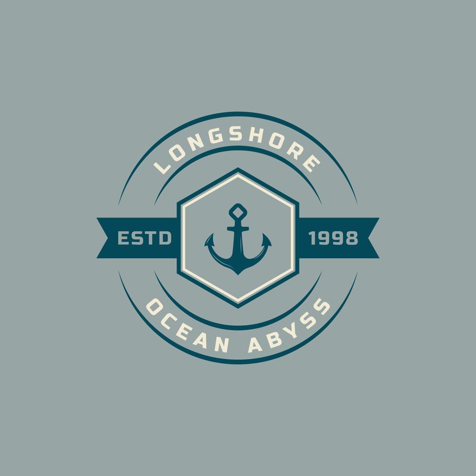 distintivo retrò vintage logo nautico e oceanico con simbolo di ancoraggio nave per modello di progettazione emblema marino vettore