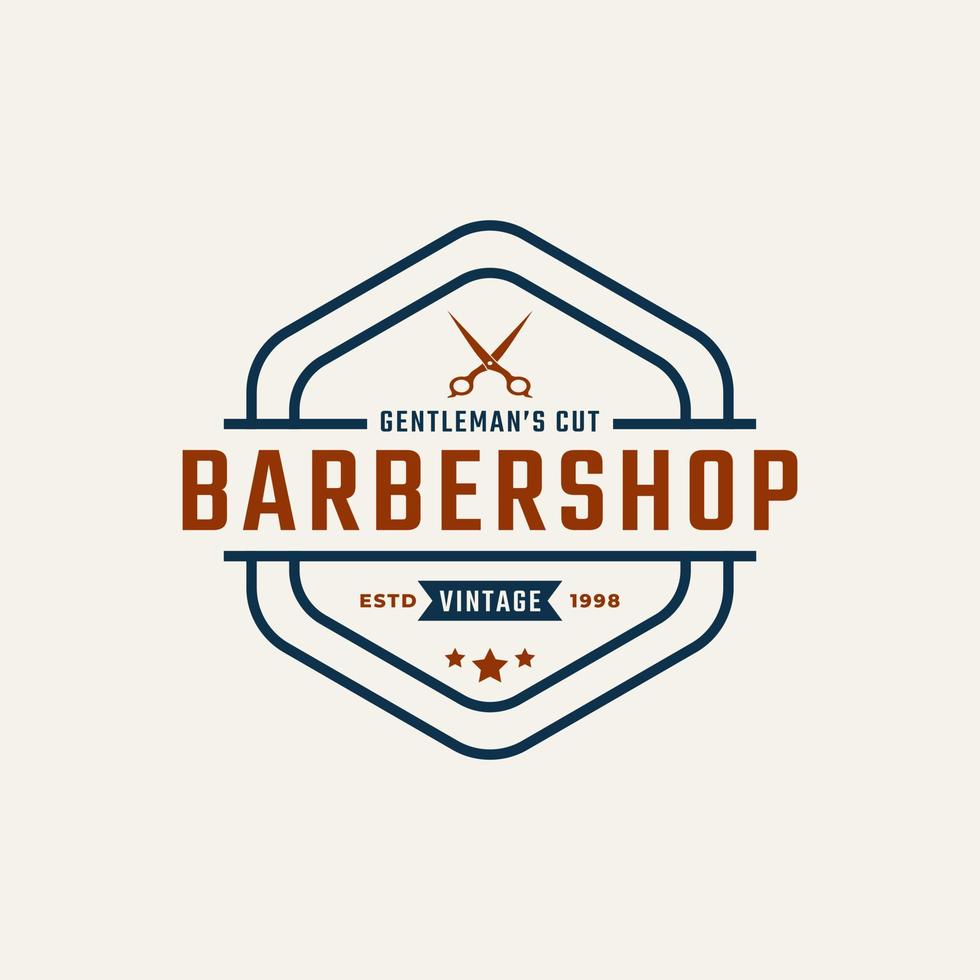 logo del negozio di barbiere distintivo dell'emblema dell'annata con il simbolo delle forbici per il taglio di capelli del gentiluomo nell'illustrazione di vettore di stile retrò