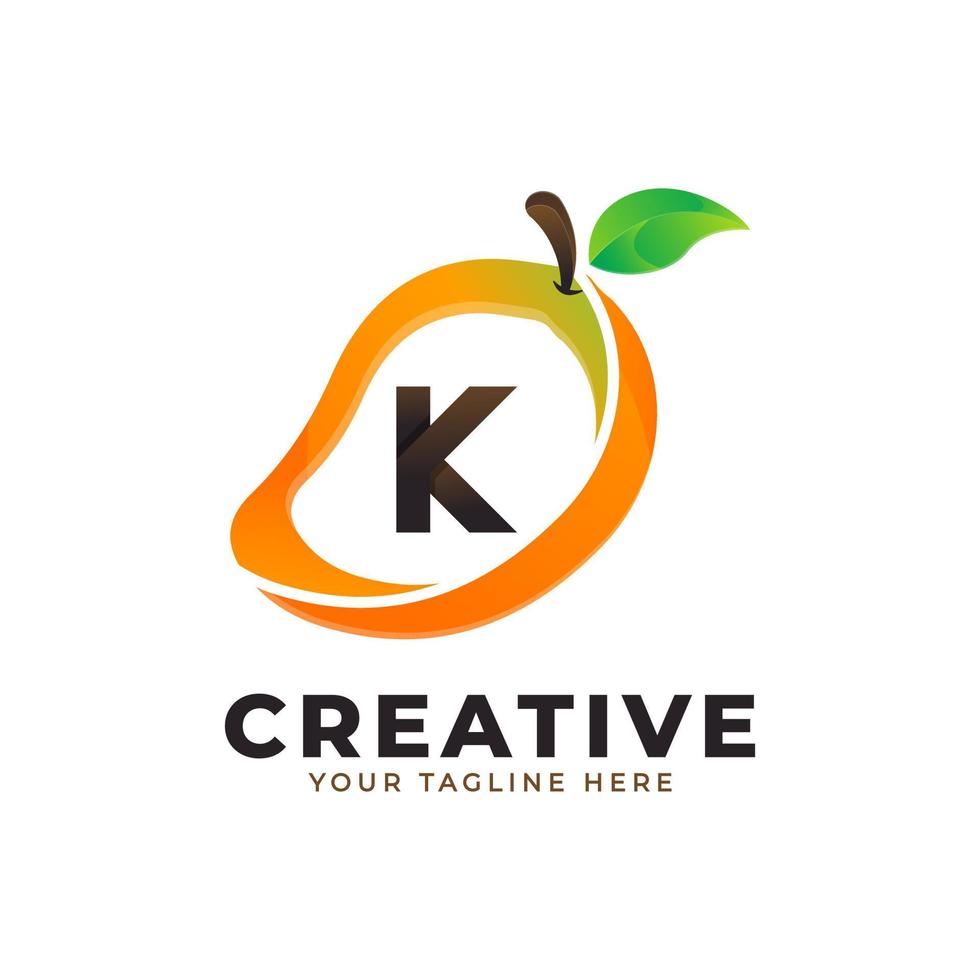 logo della lettera k in frutta fresca di mango con uno stile moderno. i loghi di identità di marca progettano il modello dell'illustrazione di vettore
