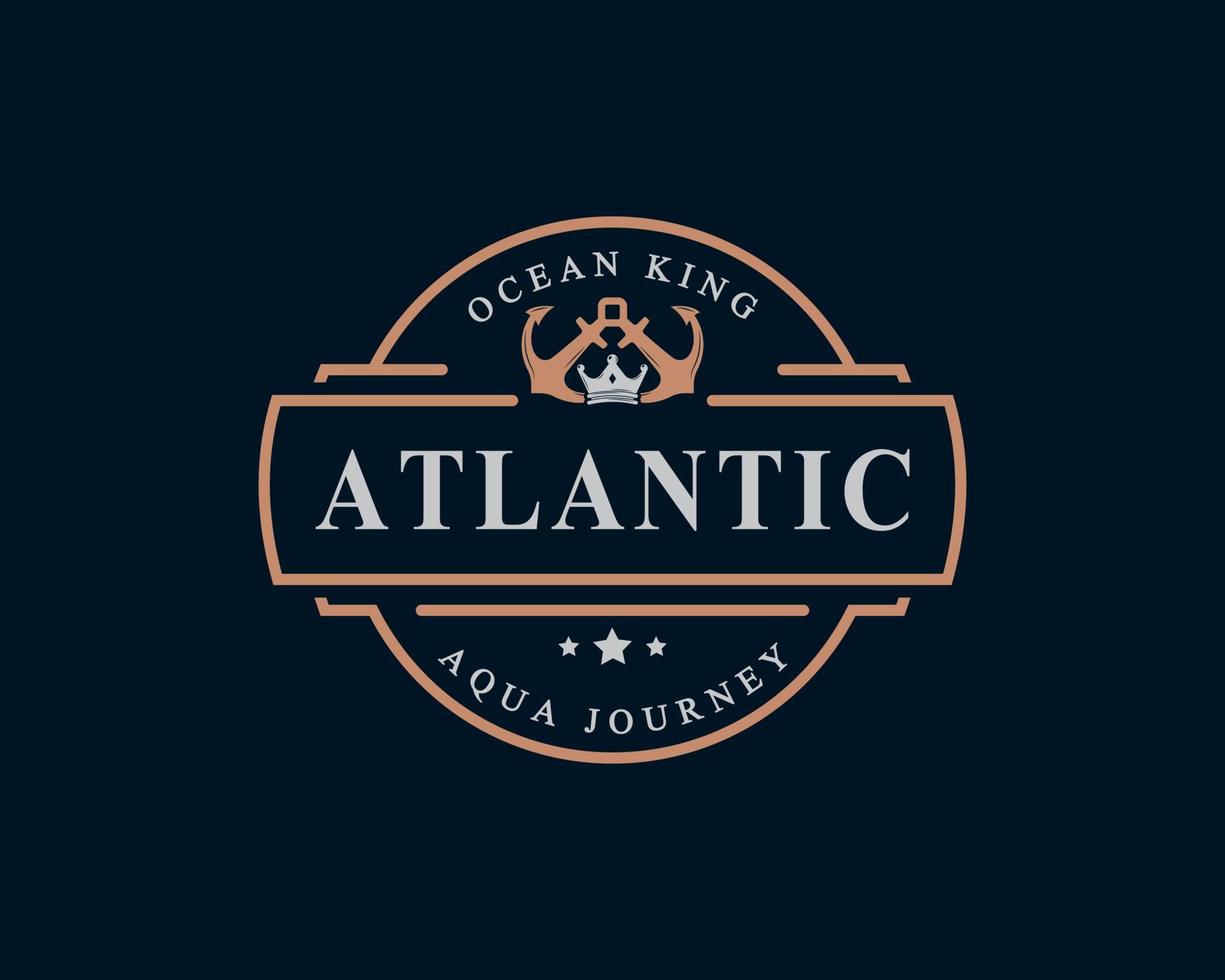 distintivo retrò vintage emblema di ancoraggio re nautico con ancora e corona per simbolo di design logo marino vettore