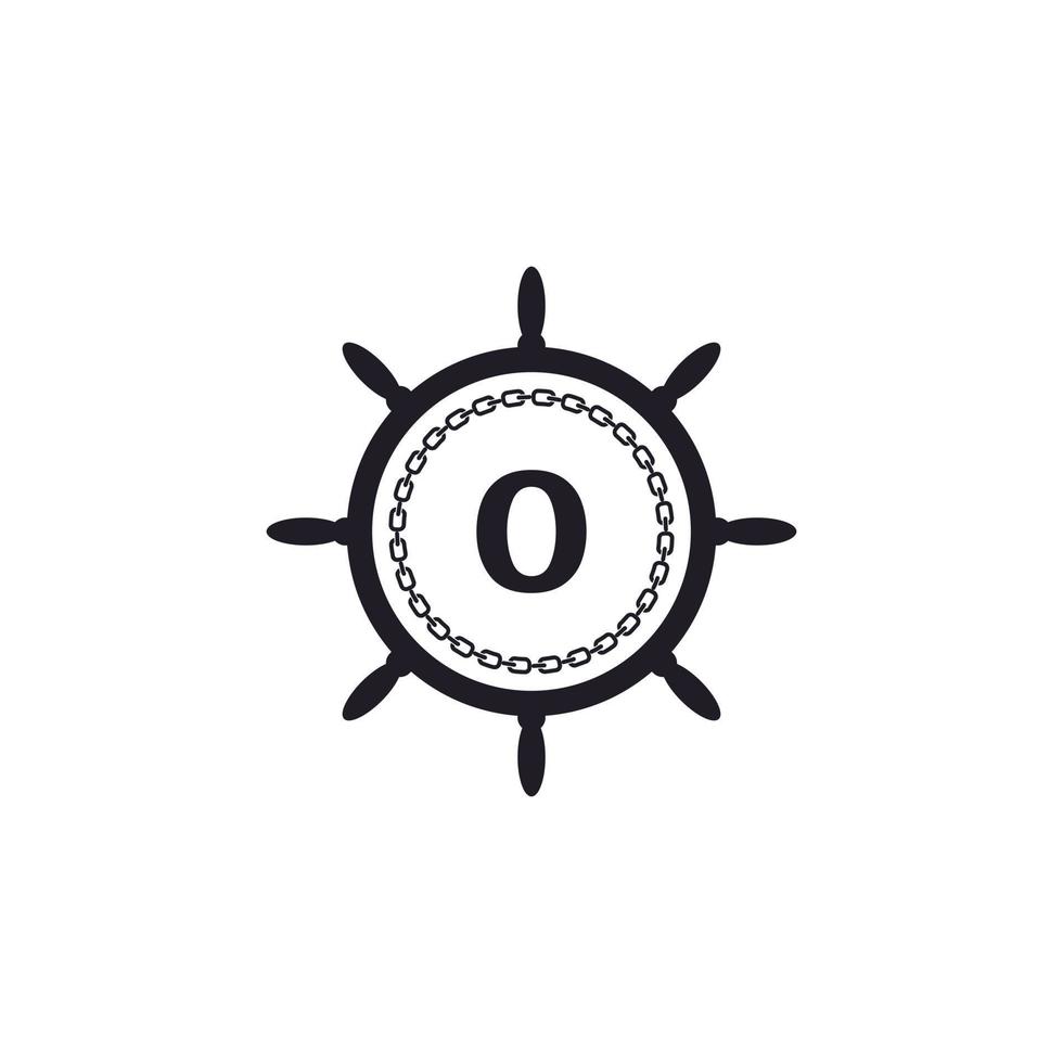 numero 0 all'interno del volante della nave e icona della catena circolare per l'ispirazione del logo nautico vettore