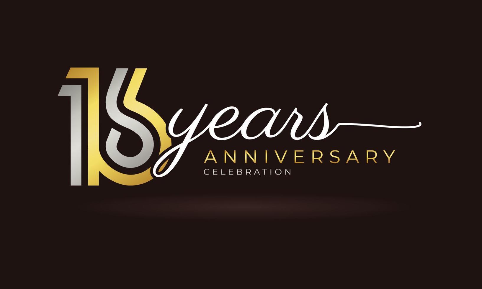 Logotipo di celebrazione dell'anniversario di 16 anni con linea multipla collegata colore argento e dorato per eventi celebrativi, matrimoni, biglietti di auguri e inviti isolati su sfondo scuro vettore