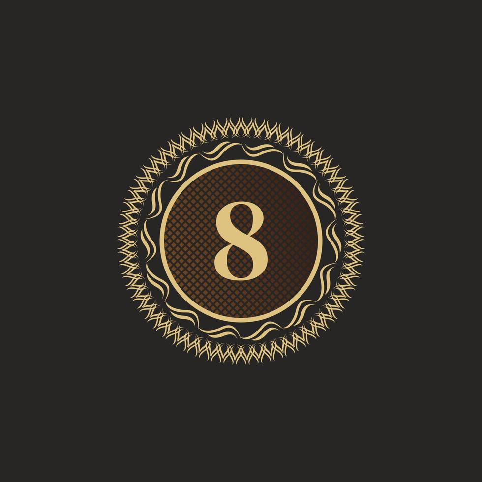 emblema numero 8 design monogramma d'oro. modello di logo volumetrico di lusso. Ornamento di linea 3d per segno aziendale, badge, stemma, etichetta, marchio boutique, hotel, ristorante, araldico. illustrazione vettoriale