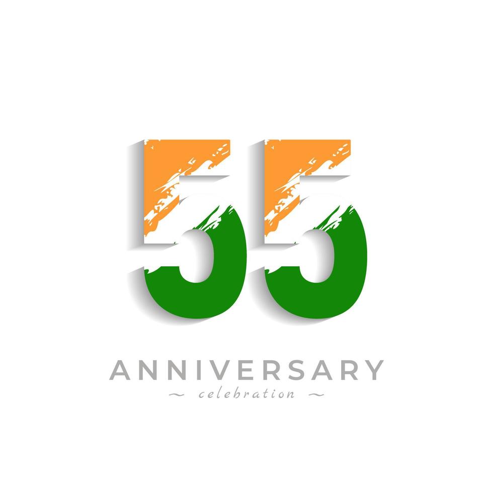 Celebrazione dell'anniversario di 55 anni con barra bianca a pennello in colore giallo zafferano e bandiera indiana verde. il saluto di buon anniversario celebra l'evento isolato su priorità bassa bianca vettore