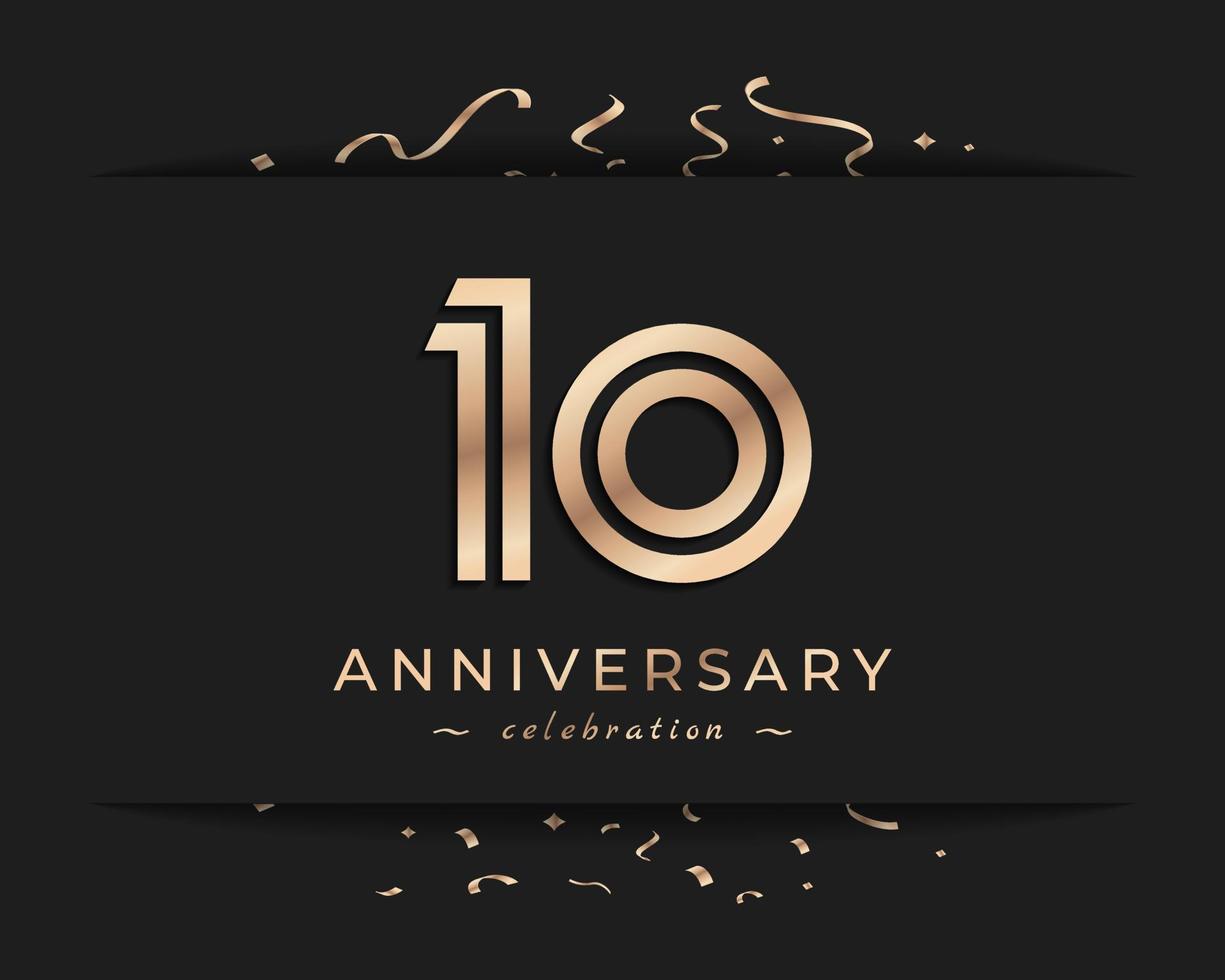 Design in stile logotipo di celebrazione dell'anniversario di 10 anni. il saluto di buon anniversario celebra l'evento con linea multipla dorata e coriandoli isolati su sfondo scuro illustrazione di design vettore