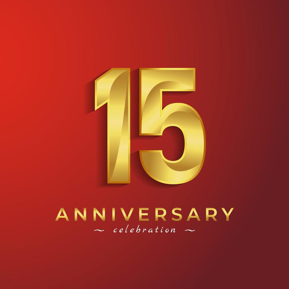Celebrazione dell'anniversario di 15 anni con colore dorato lucido per eventi celebrativi, matrimoni, biglietti di auguri e biglietti d'invito isolati su sfondo rosso vettore