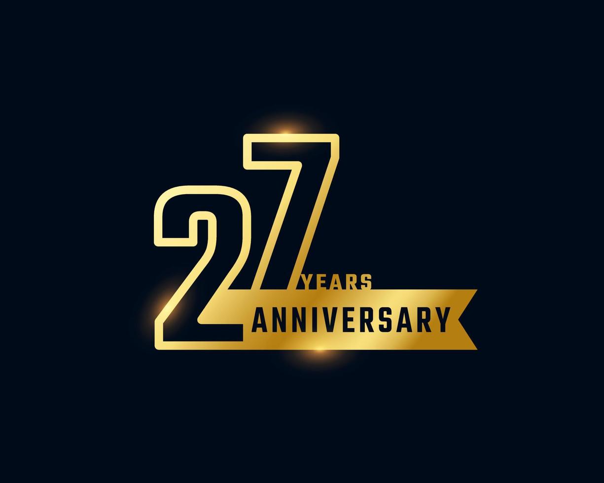 Celebrazione dell'anniversario di 27 anni con numero di contorno lucido colore dorato per eventi celebrativi, matrimoni, biglietti di auguri e inviti isolati su sfondo scuro vettore