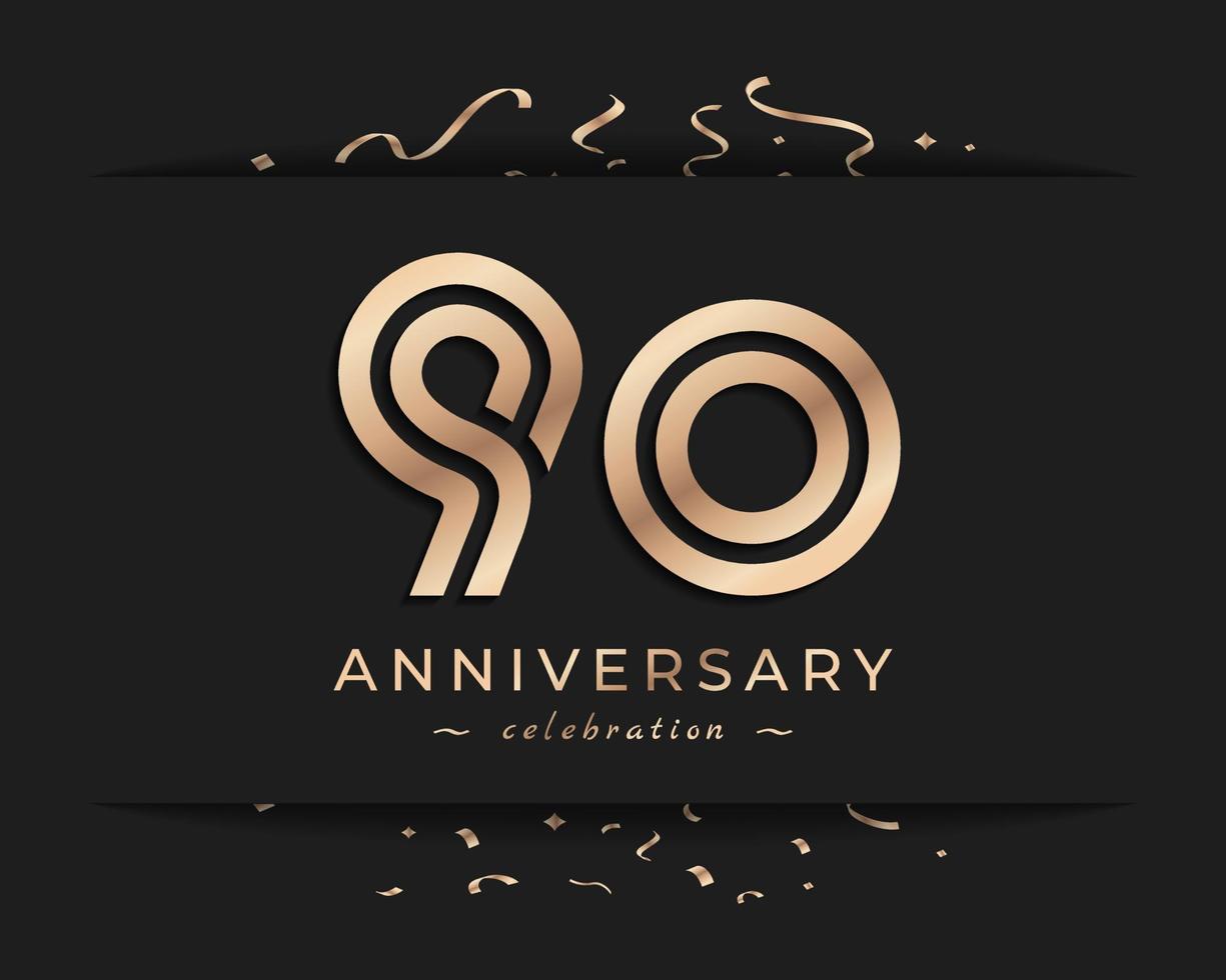 Design in stile logotipo di celebrazione dell'anniversario di 90 anni. il saluto di buon anniversario celebra l'evento con linea multipla dorata e coriandoli isolati su sfondo scuro illustrazione di design vettore