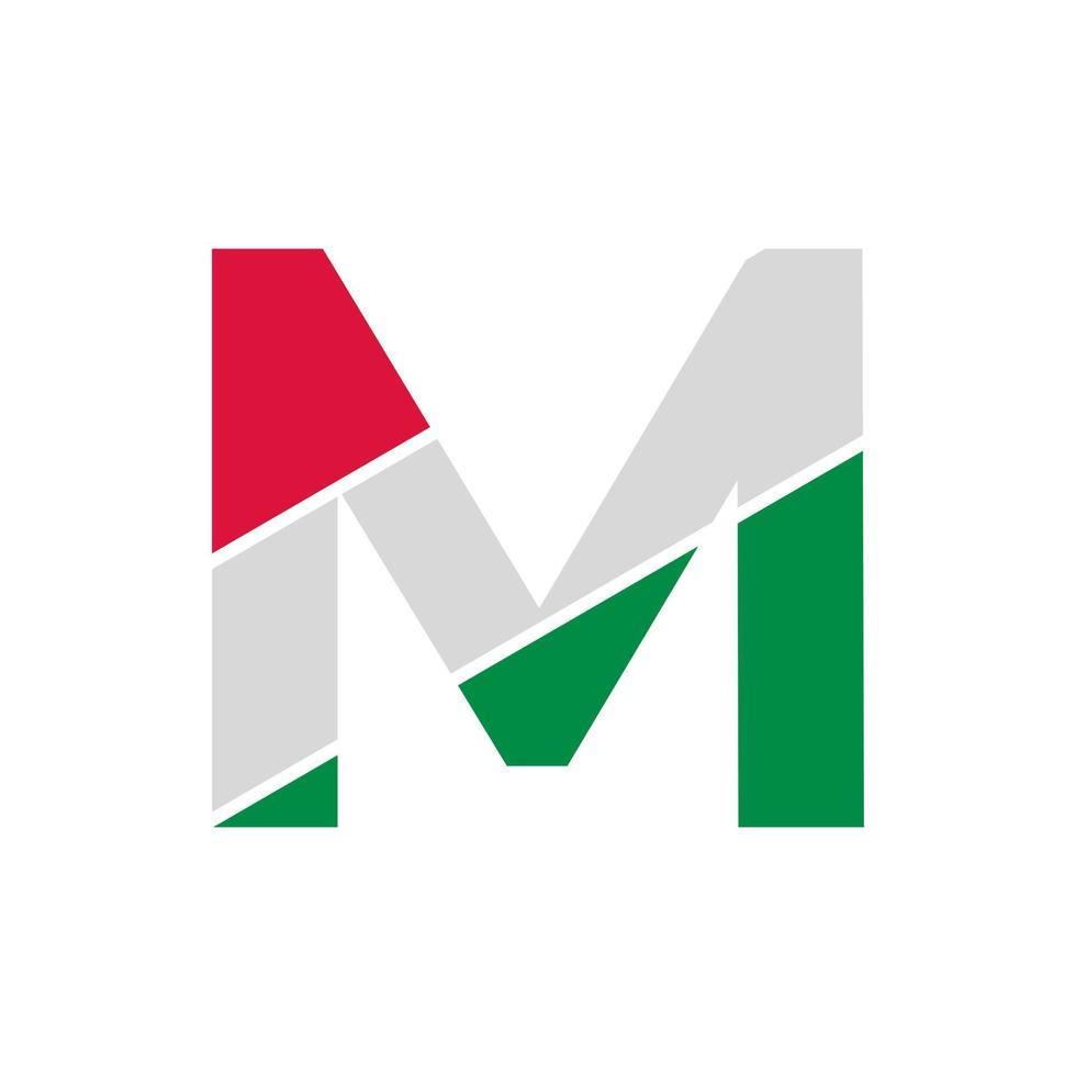 ritaglio di carta della lettera iniziale m con modello di progettazione del logo a colori della bandiera italiana vettore