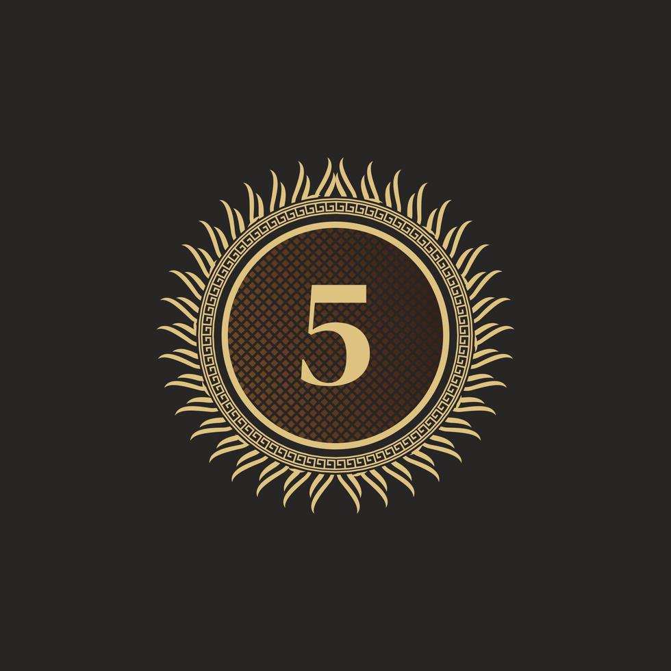 emblema numero 5 design monogramma d'oro. modello di logo volumetrico di lusso. Ornamento di linea 3d per segno aziendale, badge, stemma, etichetta, marchio boutique, hotel, ristorante, araldico. illustrazione vettoriale