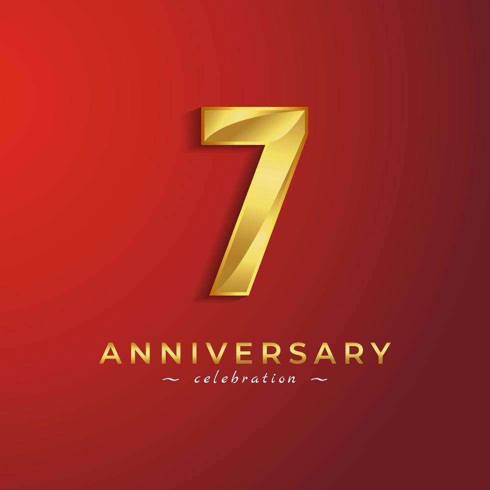 Celebrazione dell'anniversario di 7 anni con colore dorato lucido per eventi celebrativi, matrimoni, biglietti di auguri e biglietti d'invito isolati su sfondo rosso vettore