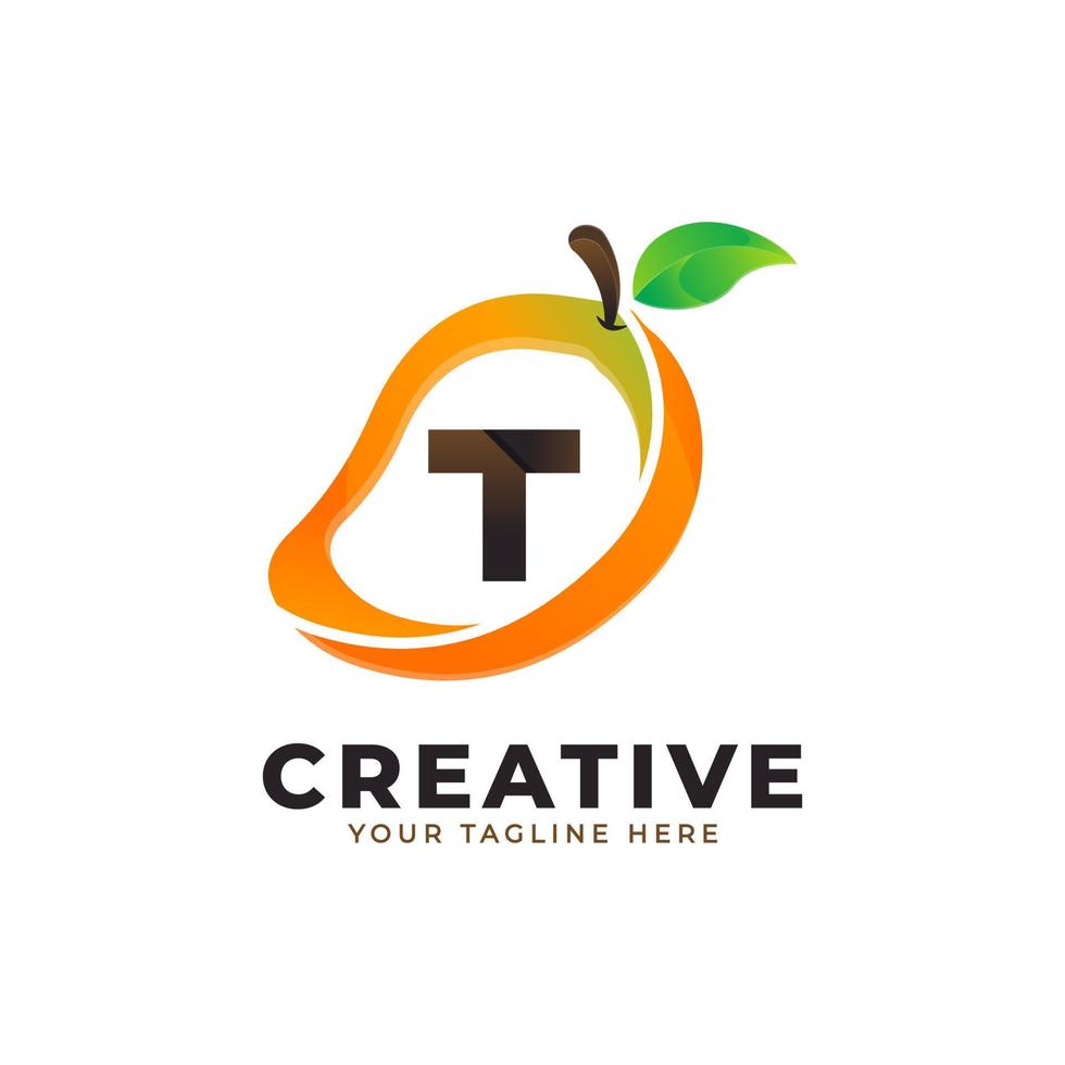 logo della lettera t in frutta fresca di mango con uno stile moderno. i loghi di identità di marca progettano il modello dell'illustrazione di vettore