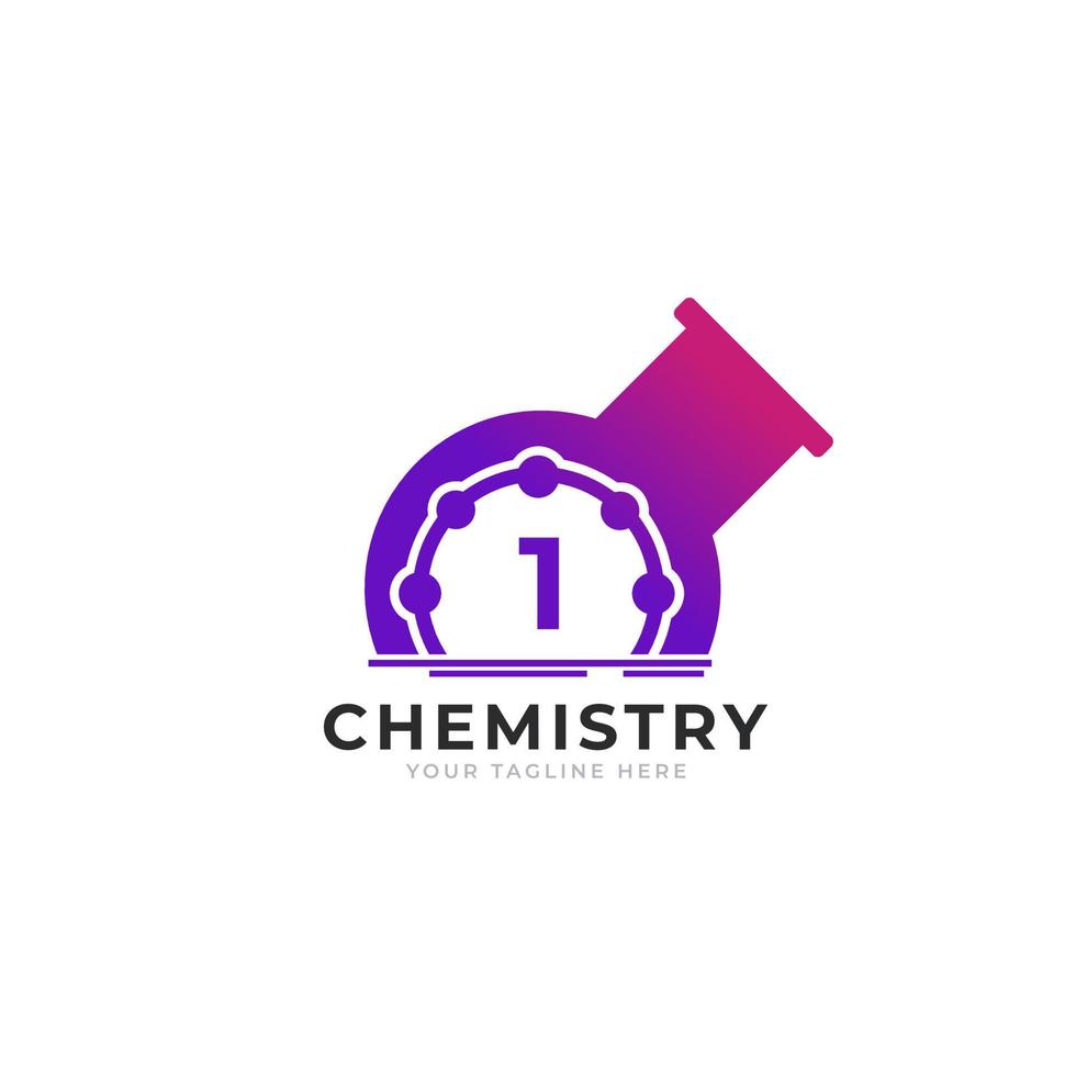 numero 1 all'interno dell'elemento del modello di progettazione del logo del laboratorio del tubo di chimica vettore