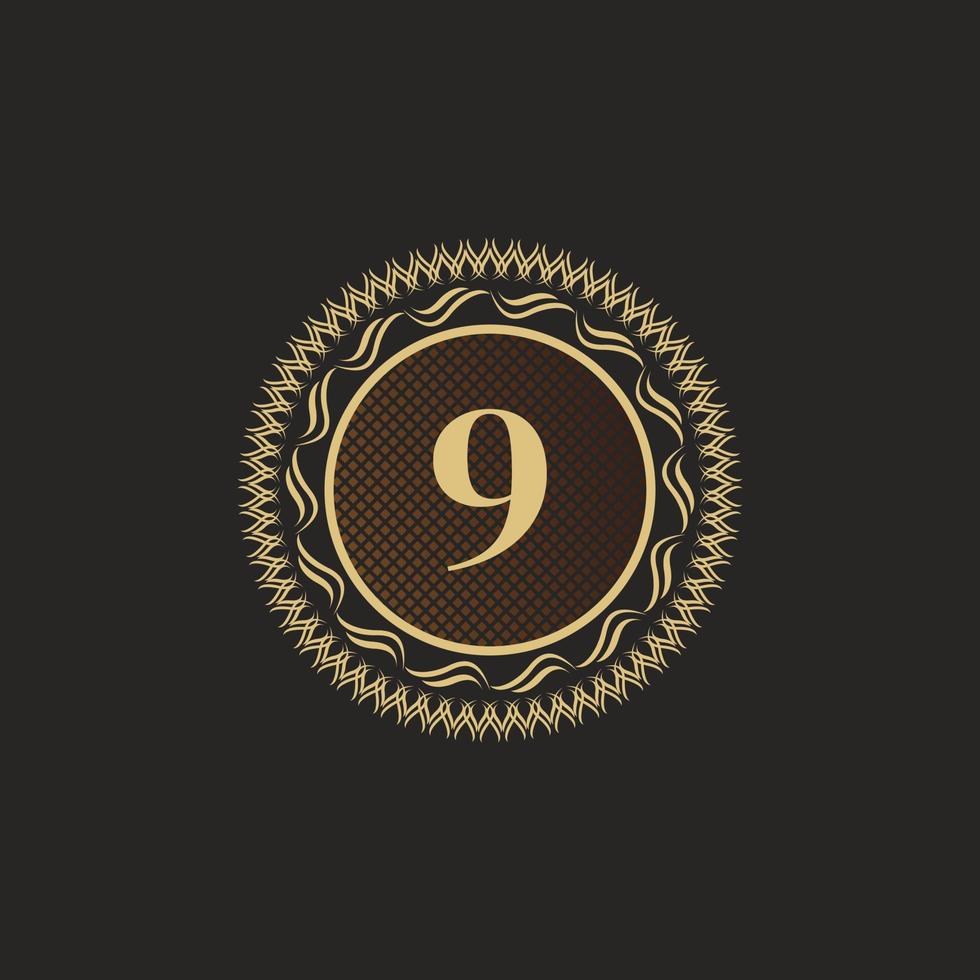 emblema numero 9 design monogramma d'oro. modello di logo volumetrico di lusso. Ornamento di linea 3d per segno aziendale, badge, stemma, etichetta, marchio boutique, hotel, ristorante, araldico. illustrazione vettoriale