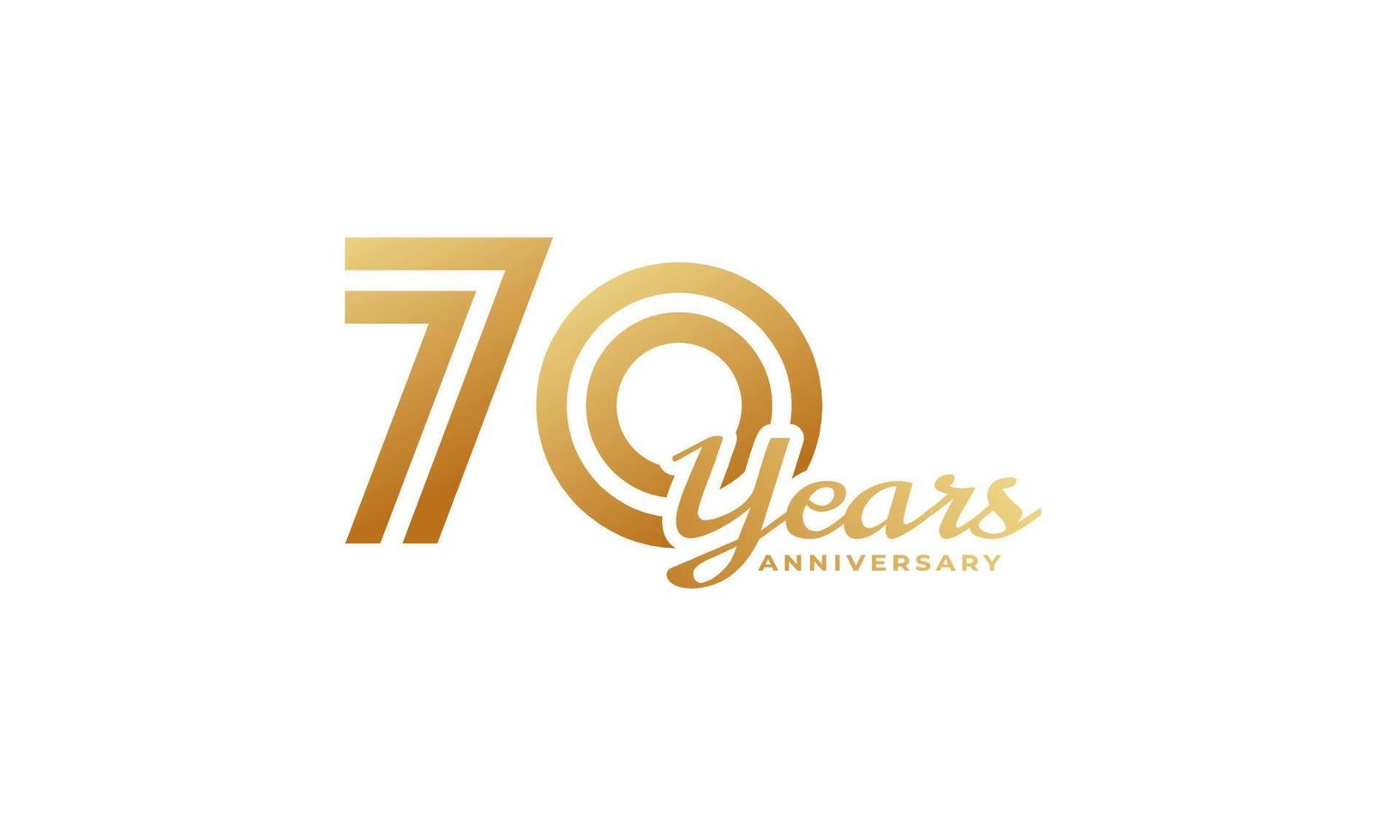 Celebrazione dell'anniversario di 70 anni con colore dorato della grafia per eventi celebrativi, matrimoni, biglietti di auguri e inviti isolati su sfondo bianco vettore