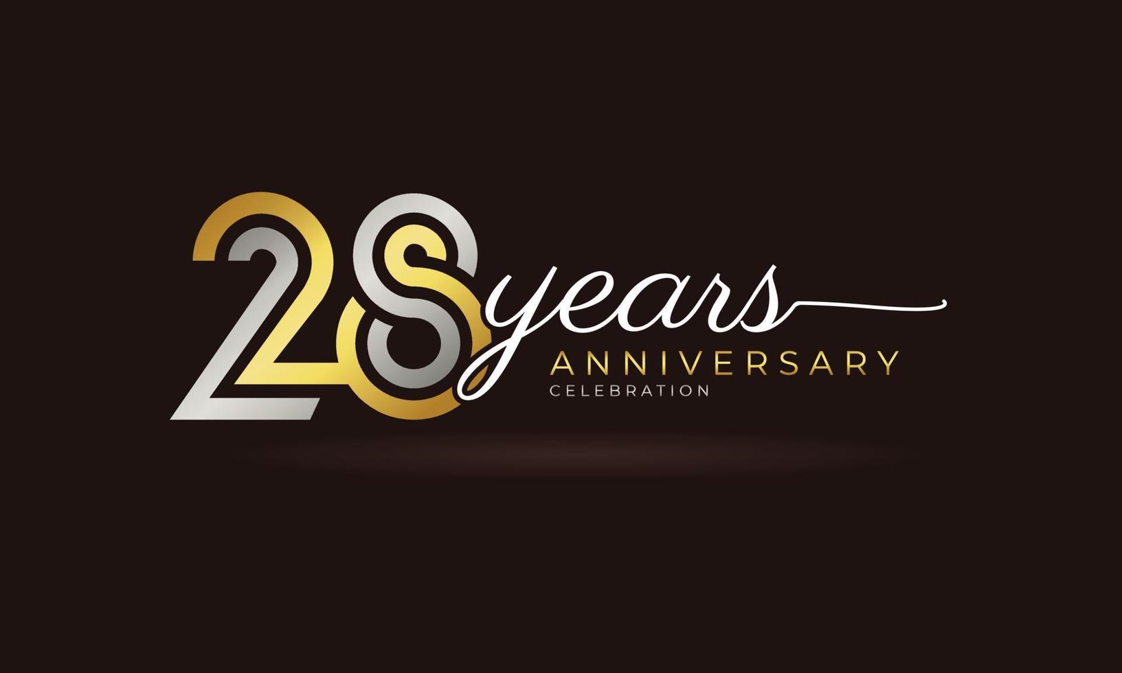 Logotipo di celebrazione dell'anniversario di 28 anni con linea multipla collegata colore argento e dorato per eventi celebrativi, matrimoni, biglietti di auguri e inviti isolati su sfondo scuro vettore