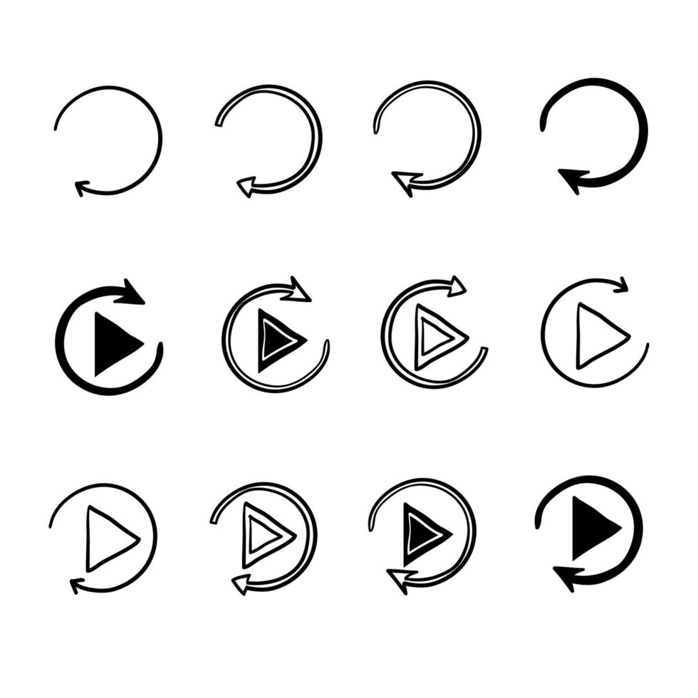 set di pulsanti di riproduzione o ricarica icona con vettore di stile doodle disegnato a mano isolato su bianco