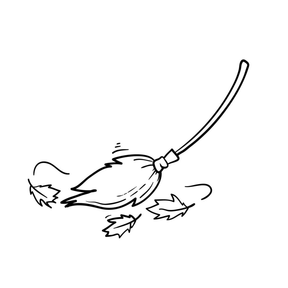 la scopa disegnata a mano spazza il terreno dall'illustrazione delle foglie cadute isolata vettore