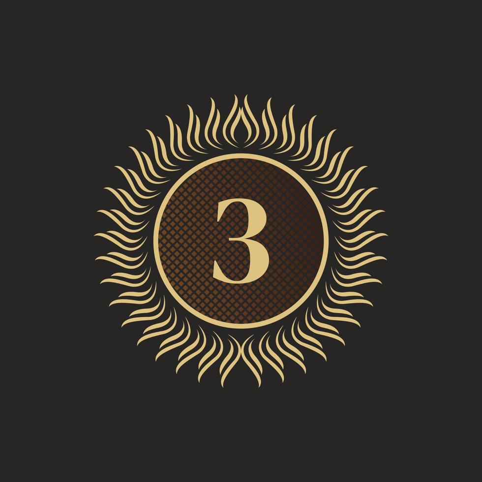 emblema numero 3 design monogramma d'oro. modello di logo volumetrico di lusso. Ornamento di linea 3d per segno aziendale, badge, stemma, etichetta, marchio boutique, hotel, ristorante, araldico. illustrazione vettoriale