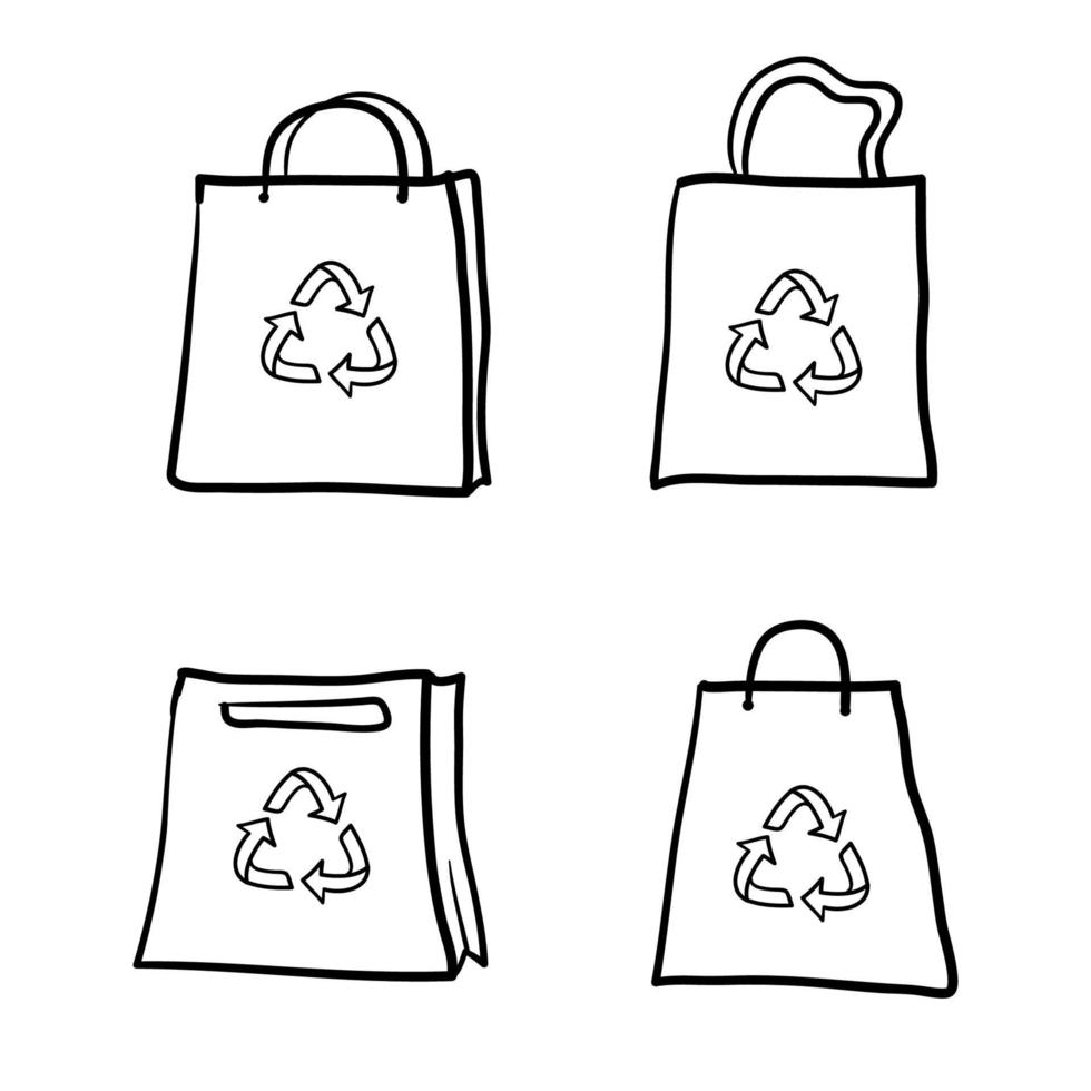 sacchetti vuoti e simbolo di riciclaggio con stile doodle disegnato a mano isolato su bianco vettore