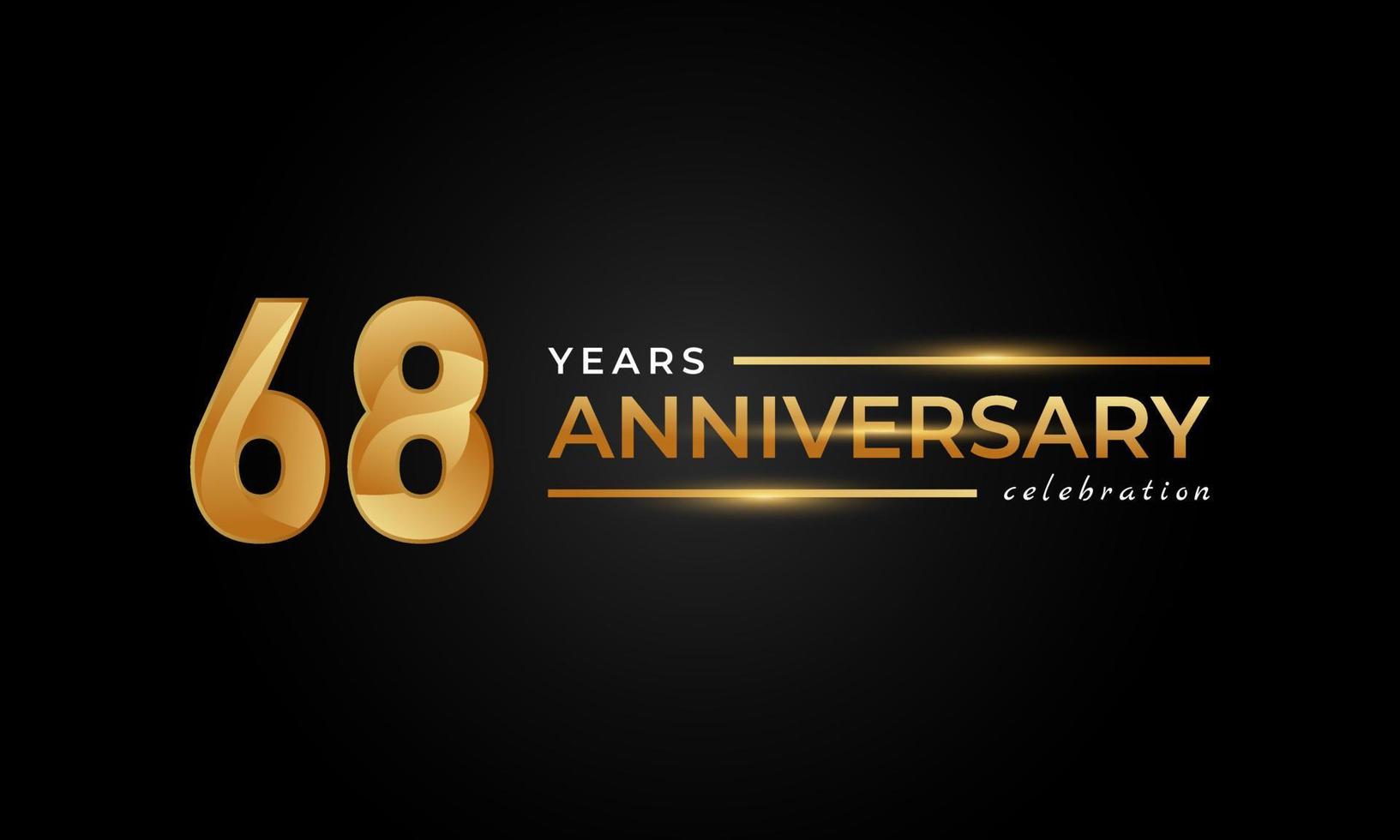Celebrazione dell'anniversario di 68 anni con colore dorato e argento lucido per eventi celebrativi, matrimoni, biglietti di auguri e inviti isolati su sfondo nero vettore