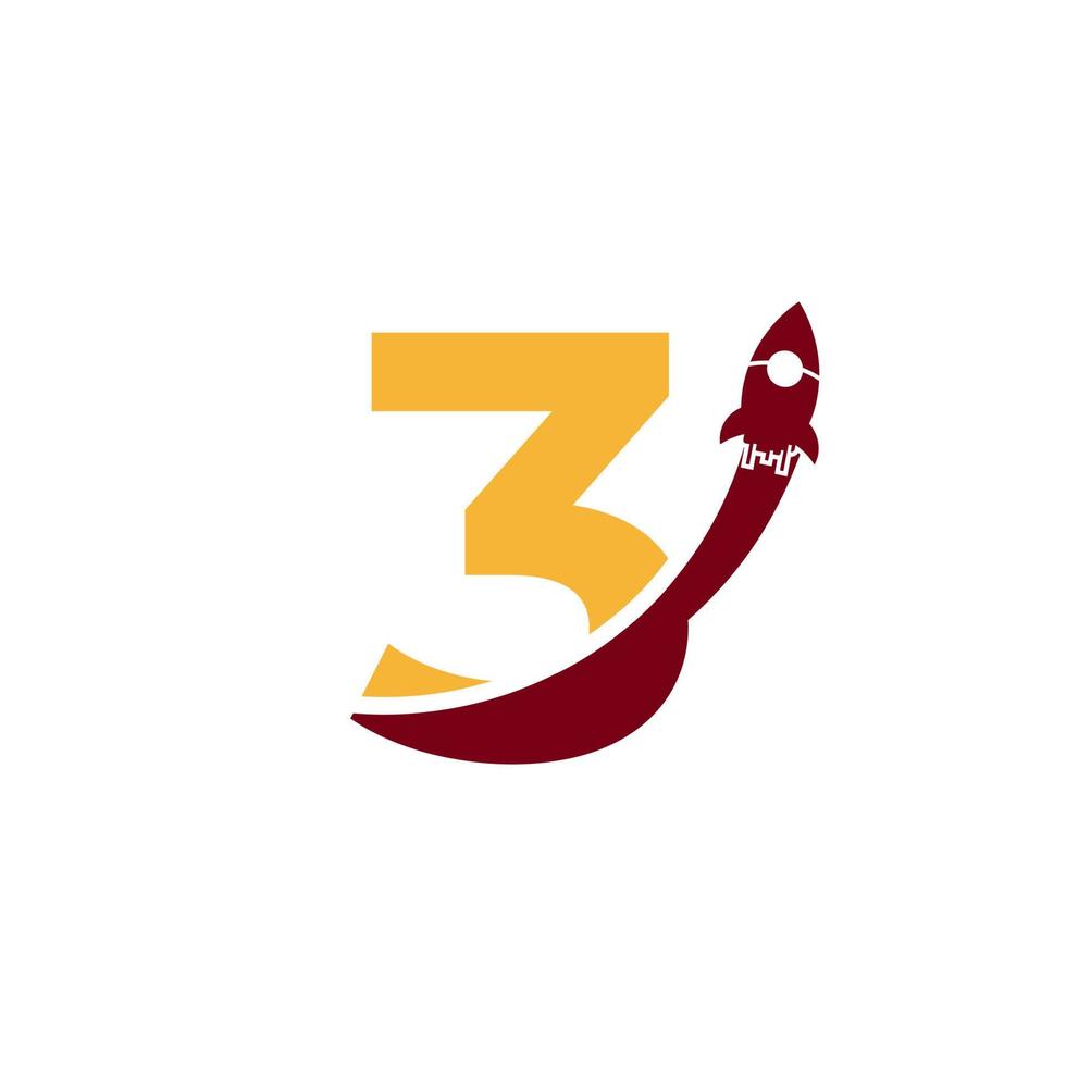 numero 3 con il simbolo dell'icona del logo del razzo. buono per loghi aziendali, di viaggio, di avvio e logistici vettore