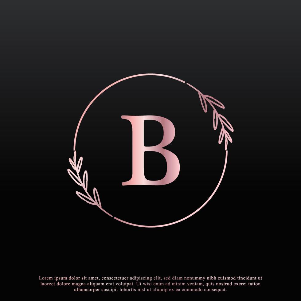 elegante logo floreale cerchio lettera b con linea di diramazione monogramma foglia elegante creativa e colore nero rosa. utilizzabile per loghi aziendali, moda, cosmetici, spa, scienza, medicina e natura. vettore