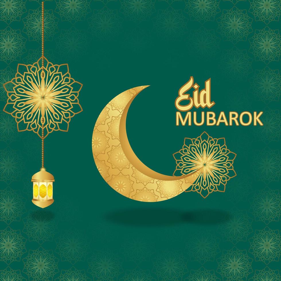 Luna crescente riflettente in oro 3D con lampada a sospensione e ornamento mandala. elementi vettoriali decorativi per la celebrazione islamica, eid mubarok, ramadan kareem e sfondo islamico.