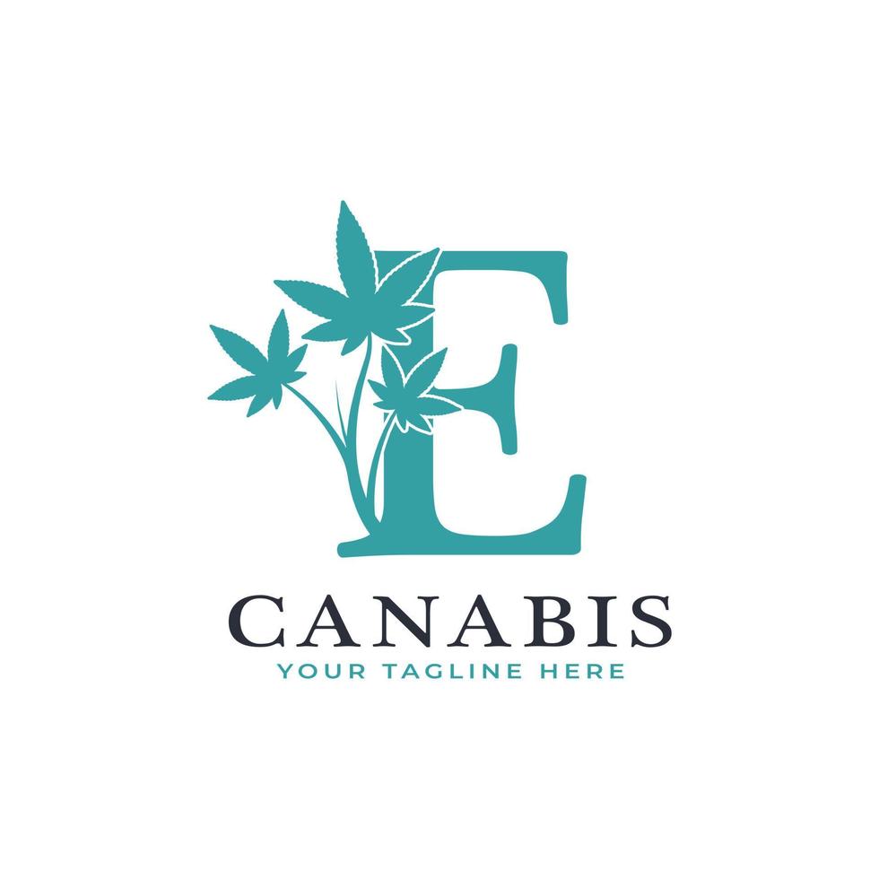 lettera e verde canabis logo alfabeto con foglia di marijuana medica. utilizzabile per loghi aziendali, scientifici, sanitari, medici e naturali. vettore