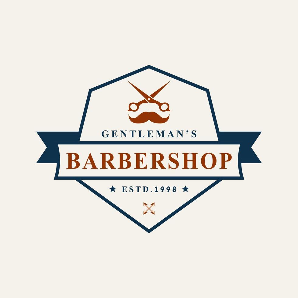 logo del negozio di barbiere distintivo retrò vintage con simbolo di forbici per simbolo di design emblema taglio capelli gentiluomo vettore