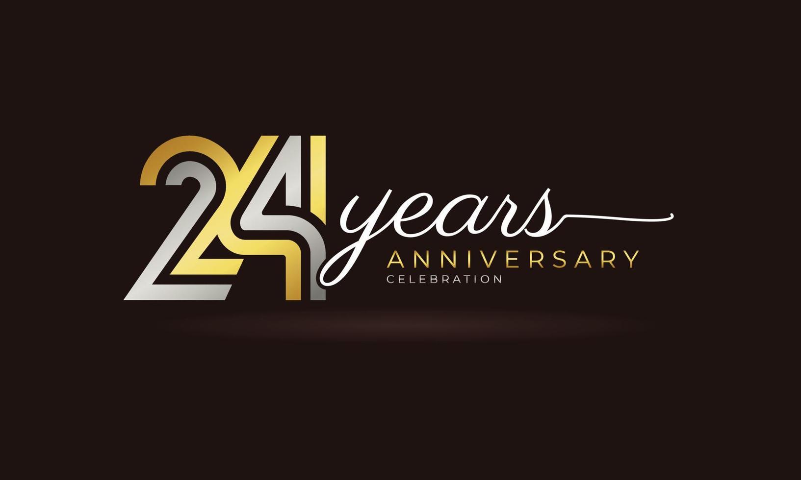 Logotipo di celebrazione dell'anniversario di 24 anni con linea multipla collegata colore argento e dorato per eventi celebrativi, matrimoni, biglietti di auguri e inviti isolati su sfondo scuro vettore