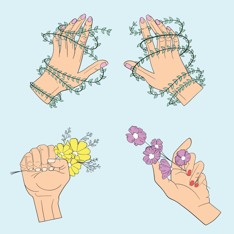 set di mani che tengono i fiori. illustrazione vettoriale moderna. potere delle ragazze. femminismo