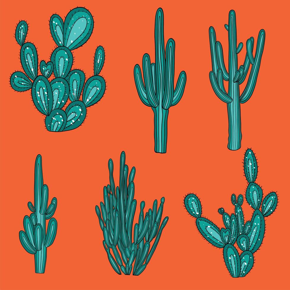 raccolta di cactus su sfondo arancione. illustrazione vettoriale