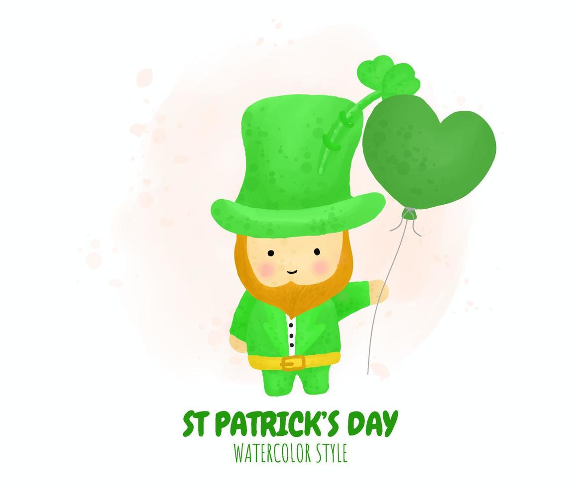 leprechaun del personaggio dei cartoni animati del giorno di san patrizio che tiene il palloncino del cuore in stile acquerello vettore