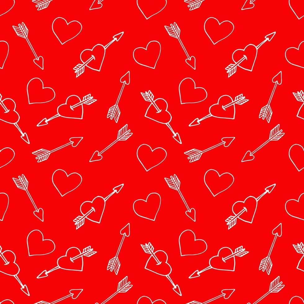 doodle disegnato a mano con motivo senza cuciture cuore e freccia. vettore, scandinavo, minimalismo. carta da parati, tessuto, carta da imballaggio, sfondo. amore, romanticismo, San Valentino. vettore